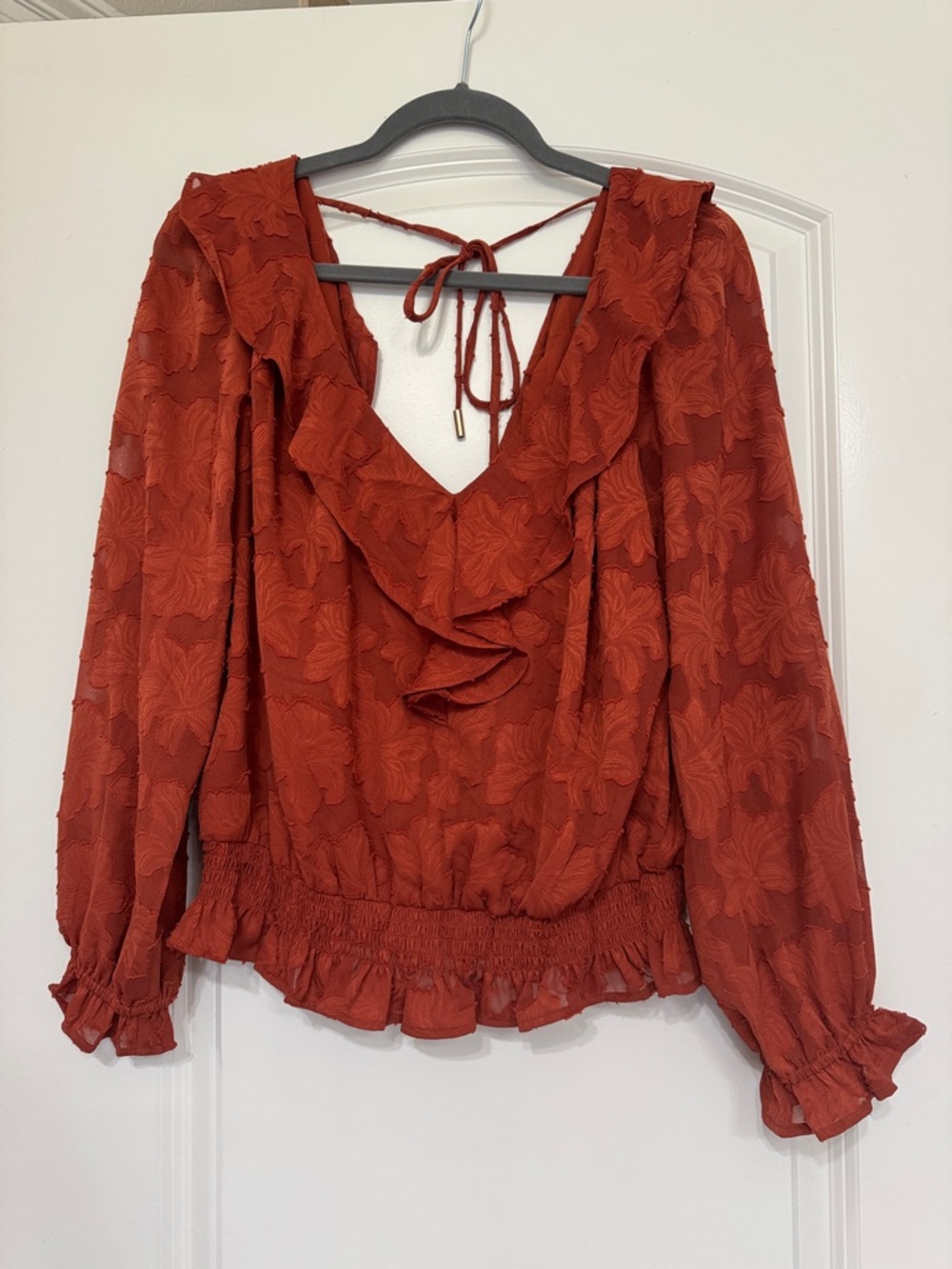 Anthropologie Rust Red cropped. Ruffle V-Neck Blouse
